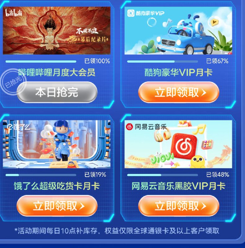 奖品名称：网易云音乐黑胶VIP，酷狗豪华VIP，饿了么超级吃货卡，都是月卡